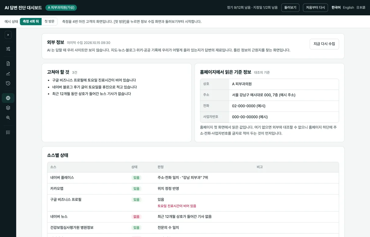 홈페이지 정보와 외부 출처의 정보를 대조하는 외부 정보 화면 예시(가상 데이터)